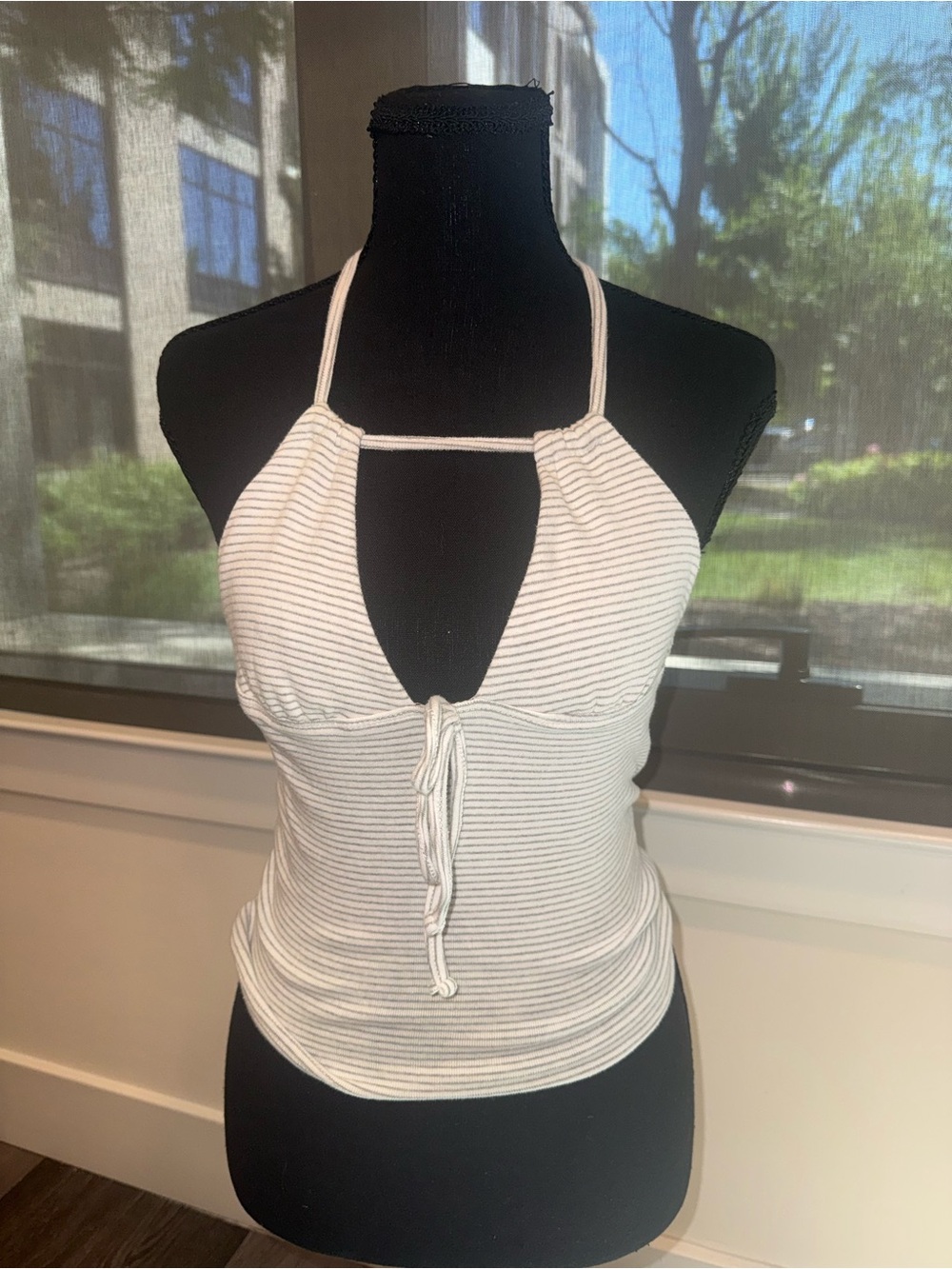 Edikted White and Light Gray Striped Halter Camisole with Front Tie